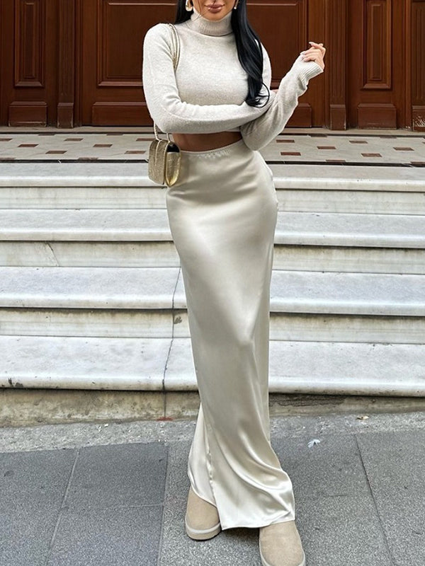 Elasticity Solid Color Split-Joint High Waisted Skirts