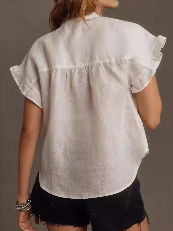 Pleated Ruffled See-Through Split-Joint Loose Short Sleeves Round-neck Blouses&shirts Tops