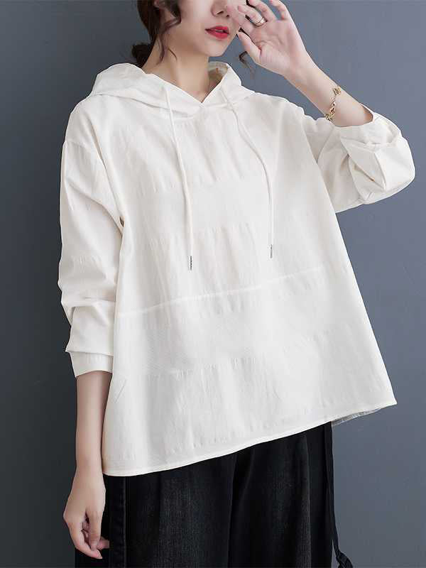 Drawstring Hooded Solid Color Split-Joint Long Sleeves Loose Round-Neck Hoodies Tops