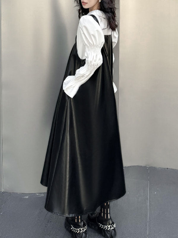 Asymmetric Pleated Solid Color Split-Joint A-Line Loose Square-Neck Slip Dress Midi Dresses