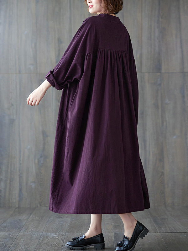 Pleated Solid Color Loose Puff Sleeves Stand Collar Midi Dresses