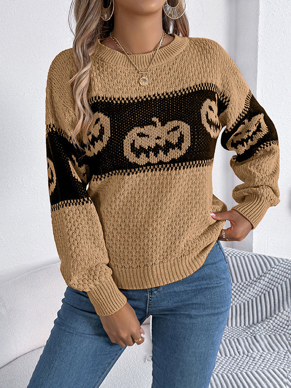 Contrast Color Split-Joint Long Sleeves Loose Round-Neck Sweater Tops Pullovers