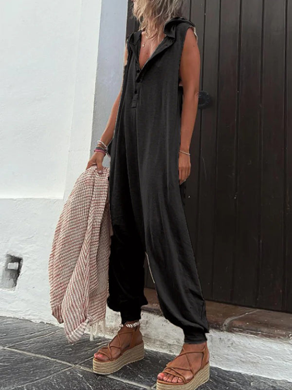 Buttoned Loose Sleeveless V-neck Jumpsuits