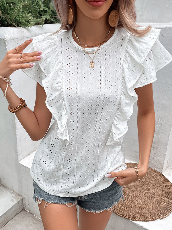 Floral Pleated Solid Color Split-Joint Loose Short Sleeves Round-neck T-Shirts Tops
