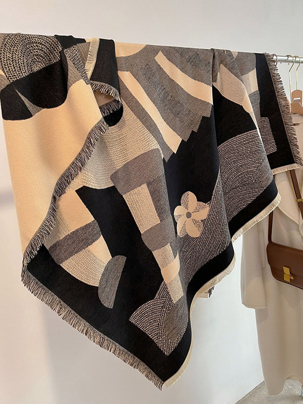 Contrast Color Fringed Keep Warm Printed Striped Shawl&Scarf