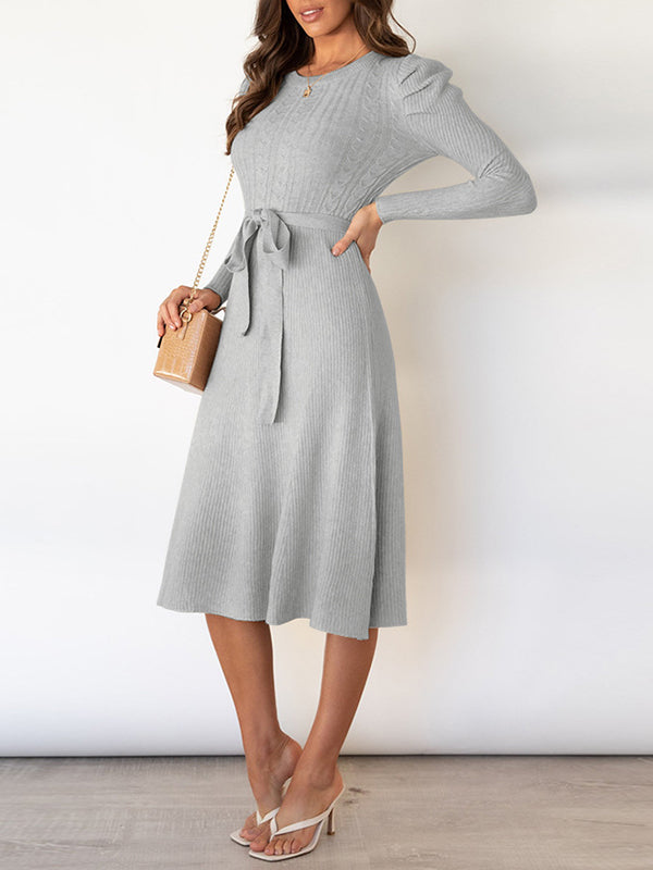 Solid Color Tied Waist High Waisted Long Sleeves Round-Neck Sweater Dresses Midi Dresses