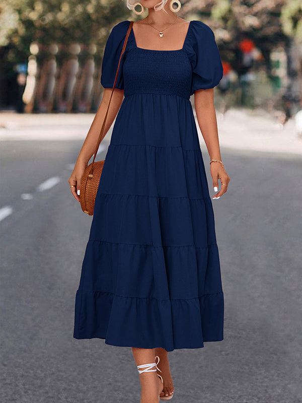 Elasticity Pleated Solid Color Split-Joint A-line Bishop Sleeve Square-neck Midi Dresses