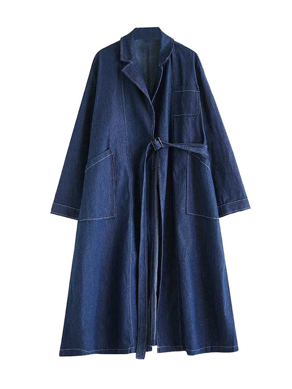 Buckle Pockets Solid Color Split-Joint Long Sleeves Loose Notched Collar Trench Coats Outerwear