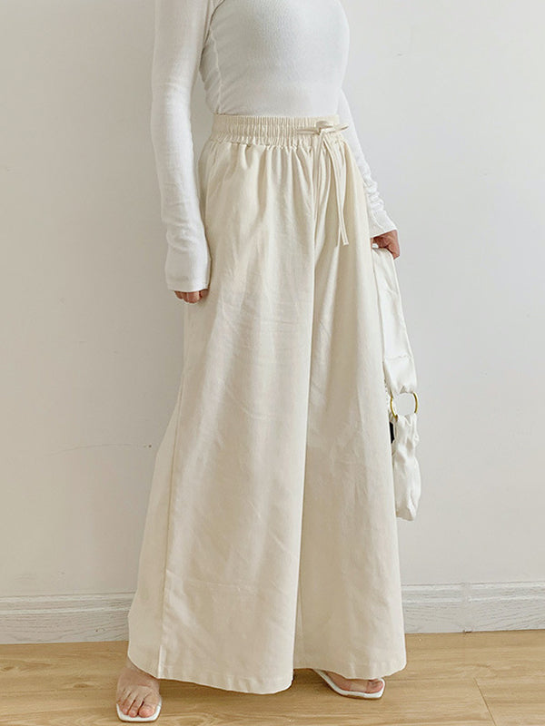 Drawstring Elasticity Pockets Solid Color High Waisted Loose Trousers Pants