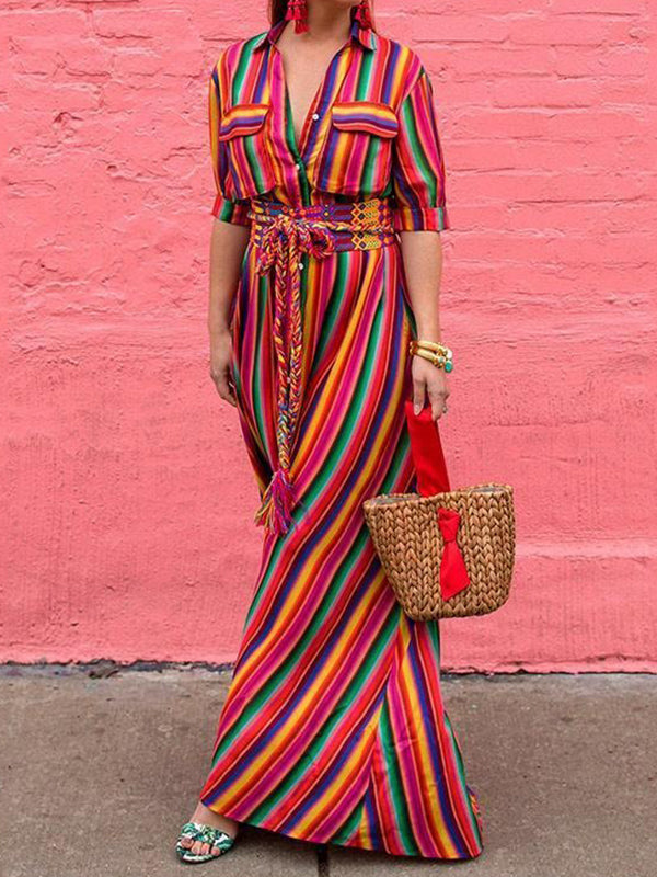 Split-Joint Striped Long Sleeves Loose Lapel Shirt Dress Maxi Dresses