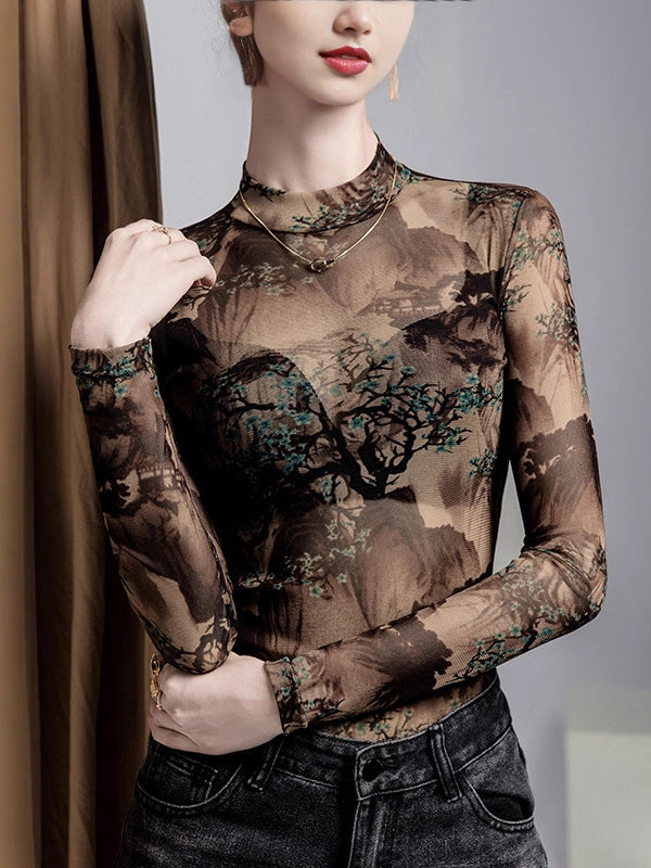 Asymmetric Mesh See-Through Split-Joint Long Sleeves Plus Size Round-Neck T-Shirts Tops