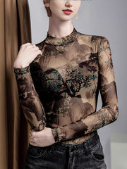 Asymmetric Mesh See-Through Split-Joint Long Sleeves Plus Size Round-Neck T-Shirts Tops