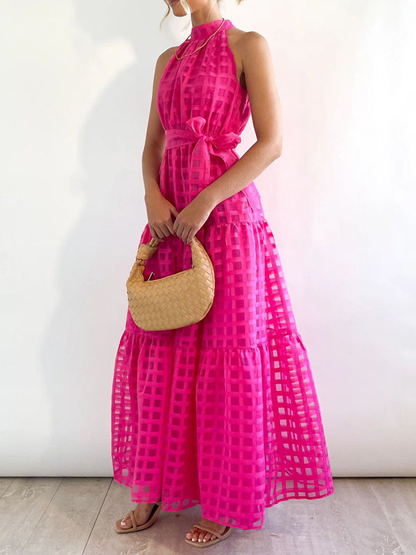 Plaid Ribbed Loose Sleeveless Stand Collar Maxi Dresses