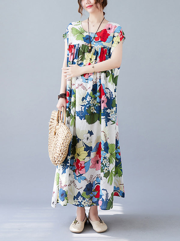 Original Loose Artistic Retro Floral Printed Pleated Midi Dress