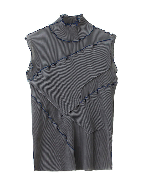 Asymmetric Color-Block Pleated Split-Joint Skinny Sleeveless High-Neck Vest Top