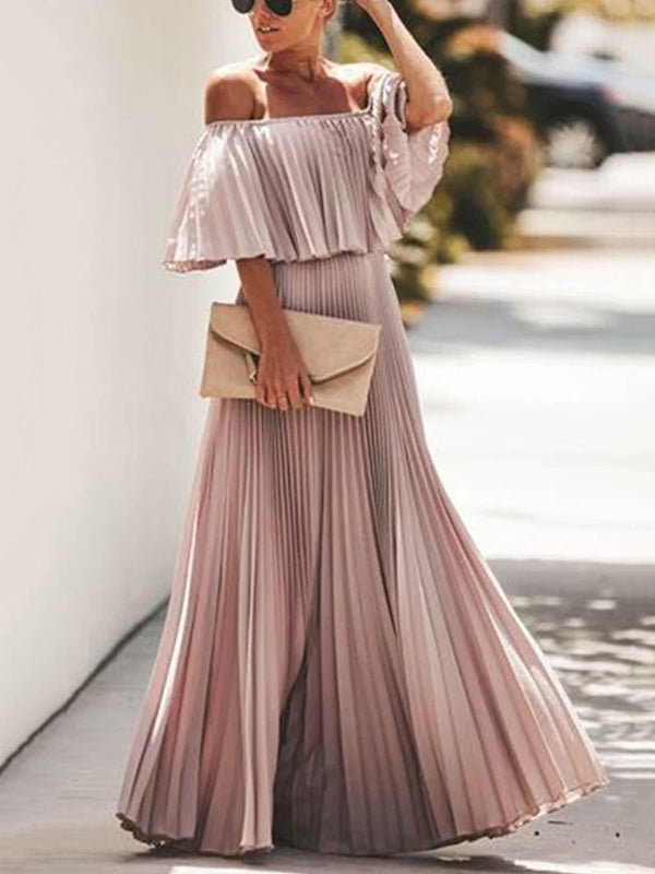 Loose Pleated Solid Color Off-The-Shoulder Maxi Dresses
