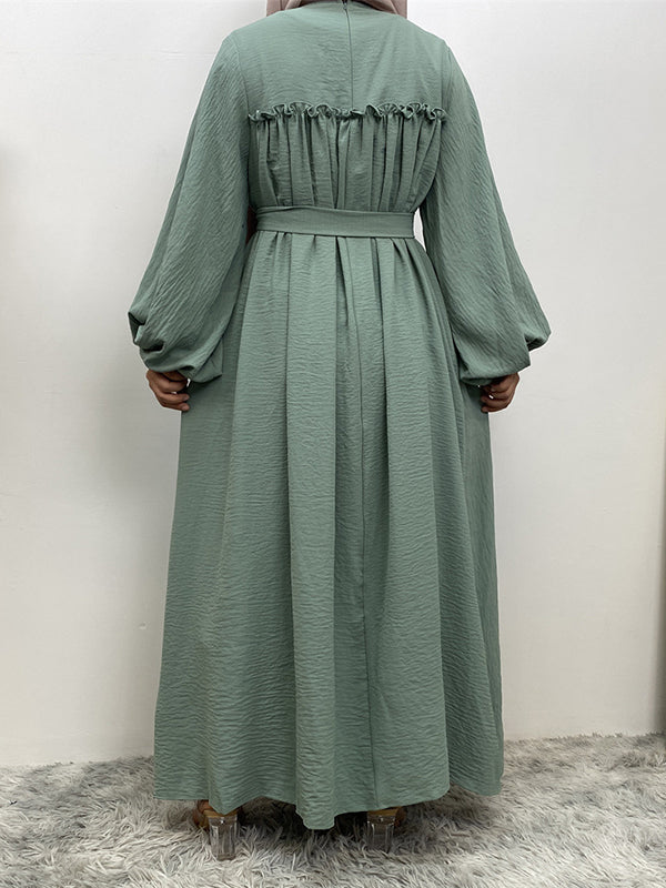 Elasticity Muslim Pleated Solid Color Split-Joint Tied Waist Bishop Sleeve Long Sleeves Round-Neck Maxi Dresses