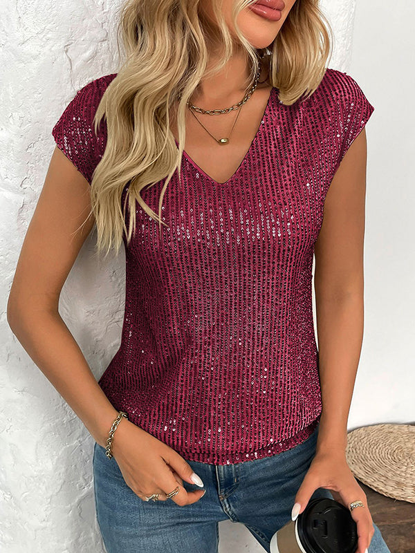 Sequined Shiny Batwing Sleeves Loose V-Neck T-Shirts Tops
