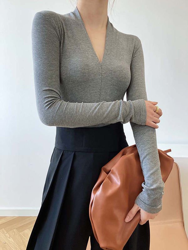 Solid Color Long Sleeves Skinny V-Neck T-Shirts Tops