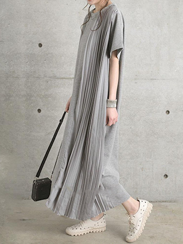 Pleated Solid Color Split-Joint Loose Short Sleeves Round-Neck Midi Dresses