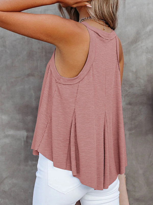 Pleated Solid Color Loose Sleeveless V-Neck Vest Top