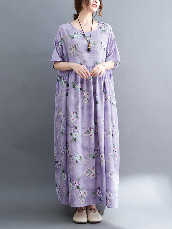 Vacation Short Sleeves Loose Floral Printed Round-Neck Midi Dresses