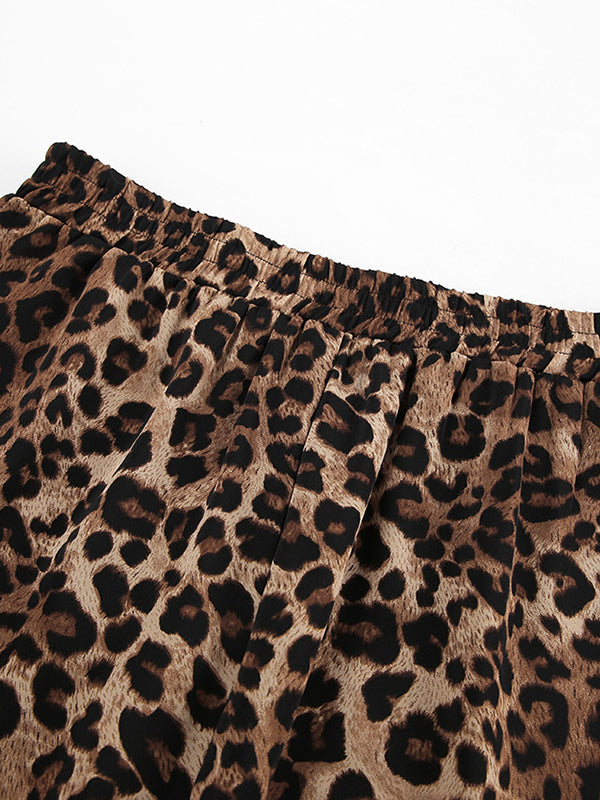 Loose Leopard Split-Joint Lapel Long Sleeves Tied Waist Blouse + Elasticity Pants Trousers Two Pieces Set