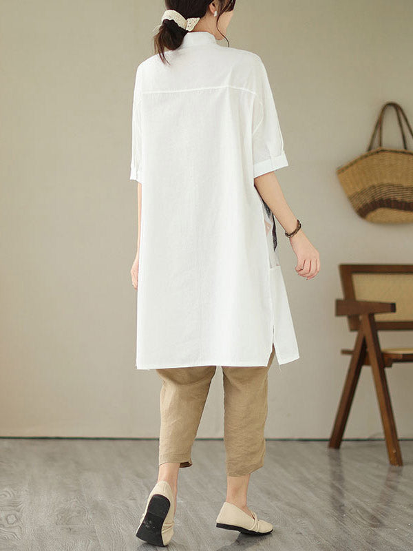 Buttoned Printed Split-side A-line Loose Lapel Shirt Dress Midi Dresses