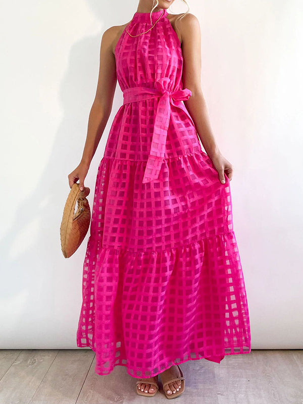Plaid Ribbed Loose Sleeveless Stand Collar Maxi Dresses