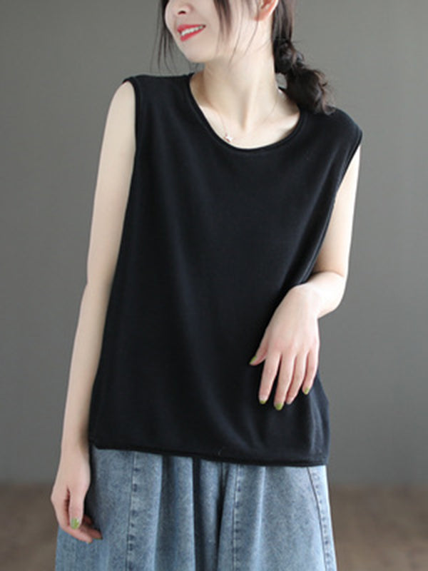 Solid Color Loose Sleeveless Round-neck Knitting Vest Top