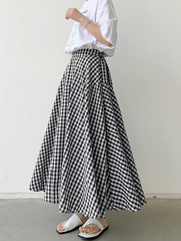 Elasticity Plaid Split-Joint A-Line High Waisted Skirts