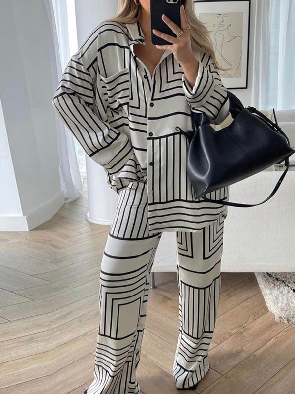 Casual Loose Printed Lapel Collar Blouses Tops & Wide Leg Pants Two Pieces Set
