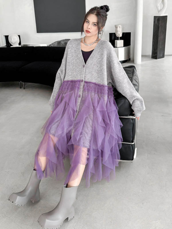 Buttoned Contrast Color Mesh Pleated Ribs Split-Joint High-Low Irregularity Collarless Outerwear Cardigan Tops