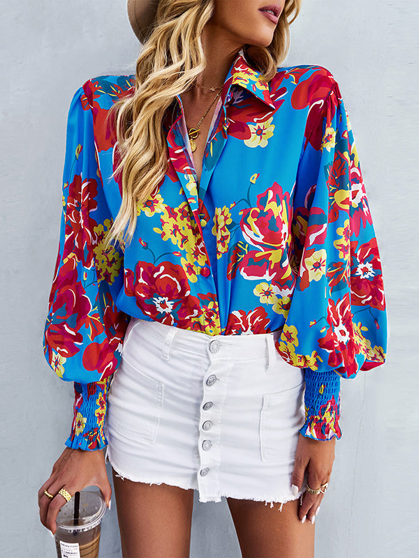 Buttoned Elasticity Flower Print Long Sleeves Loose Lapel Blouses&Shirts Tops