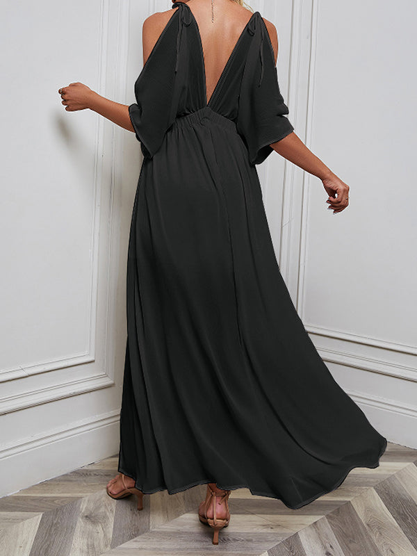 Solid Color Split-front Batwing Sleeves Loose Deep V-Neck Maxi Dresses