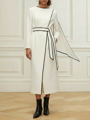 Long Sleeves Minimalist Belted Comfort Contrast Color Round-Neck Midi Dresses