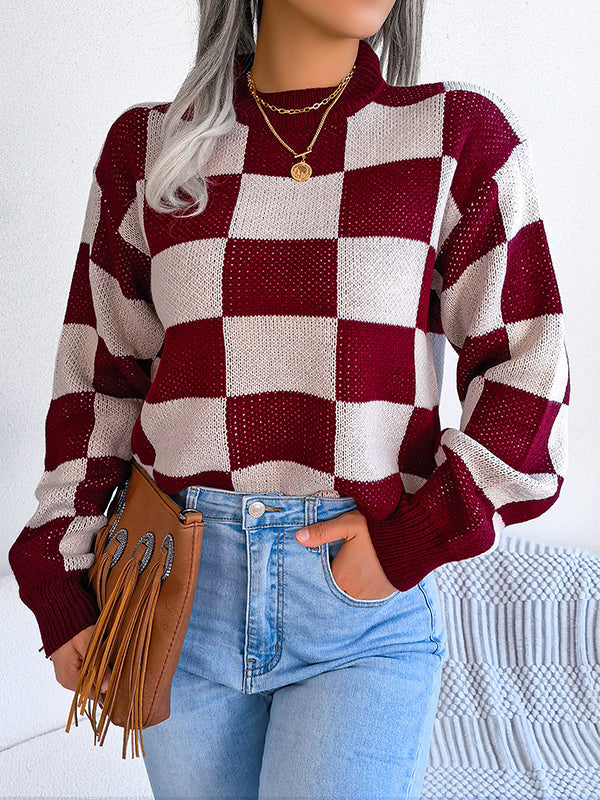 Contrast Color Plaid Long Sleeves Loose Round-Neck Sweater Tops