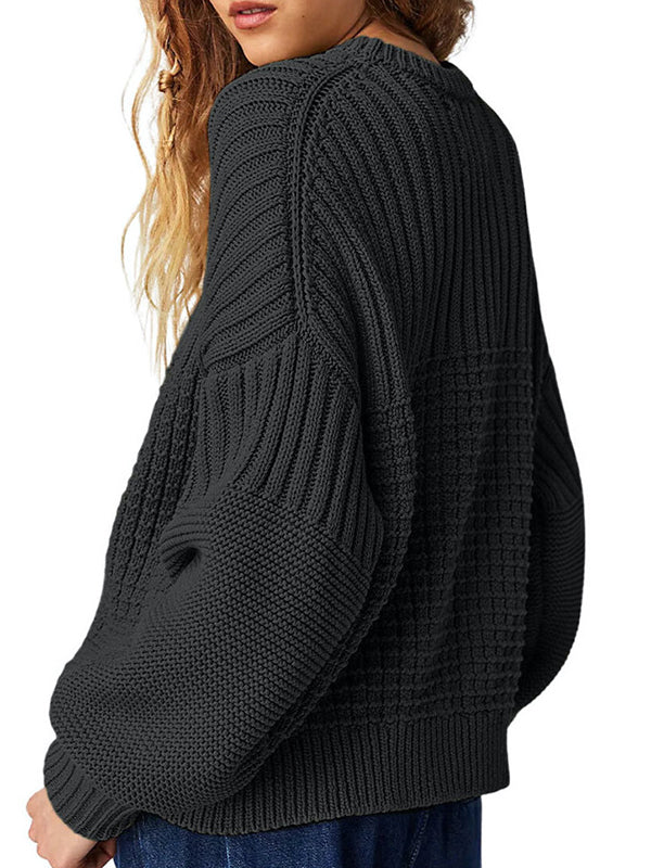Solid Color Long Sleeves Loose Round-Neck Sweater Tops Pullovers