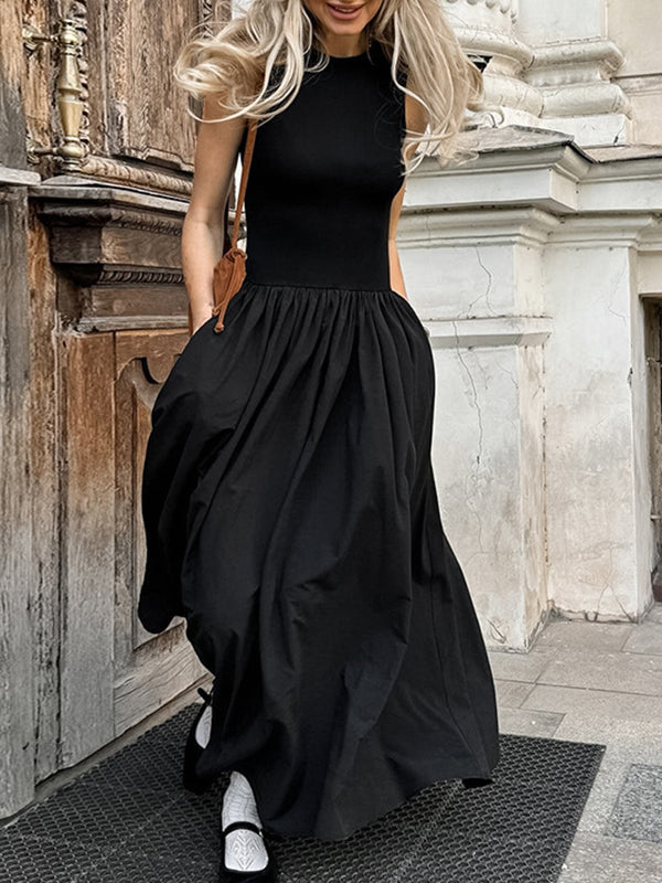 Solid Color Split-Joint A-Line Sleeveless Round-Neck Maxi Dresses