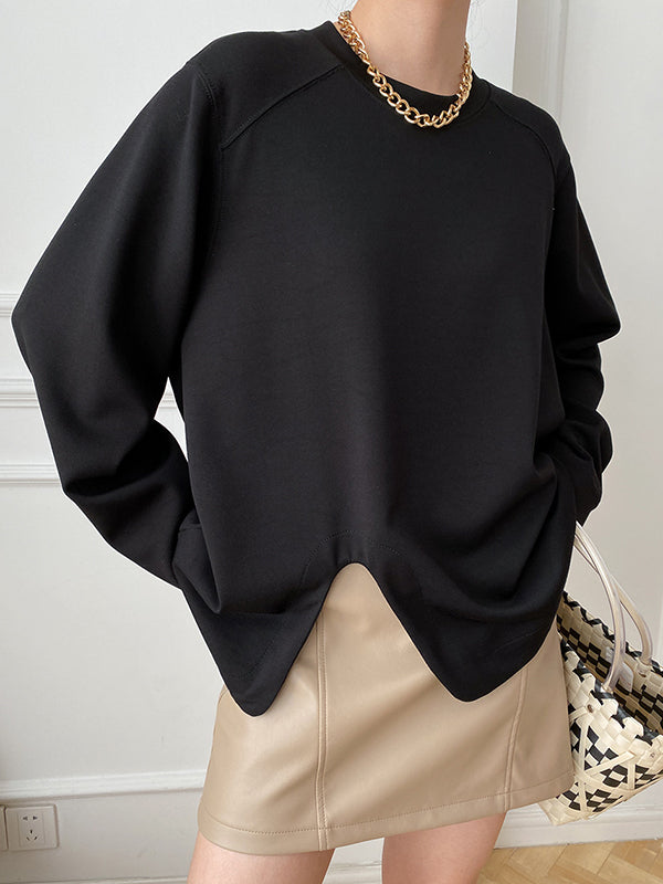 Cropped Loose Split-Side Solid Color Round-Neck T-Shirts Tops