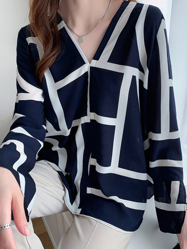 Printed Split-Side Long Sleeves Loose V-Neck Blouses&Shirts Tops