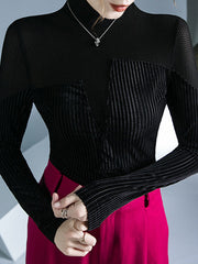 Contrast Color Split-Joint Long Sleeves Skinny High Neck T-Shirts Tops