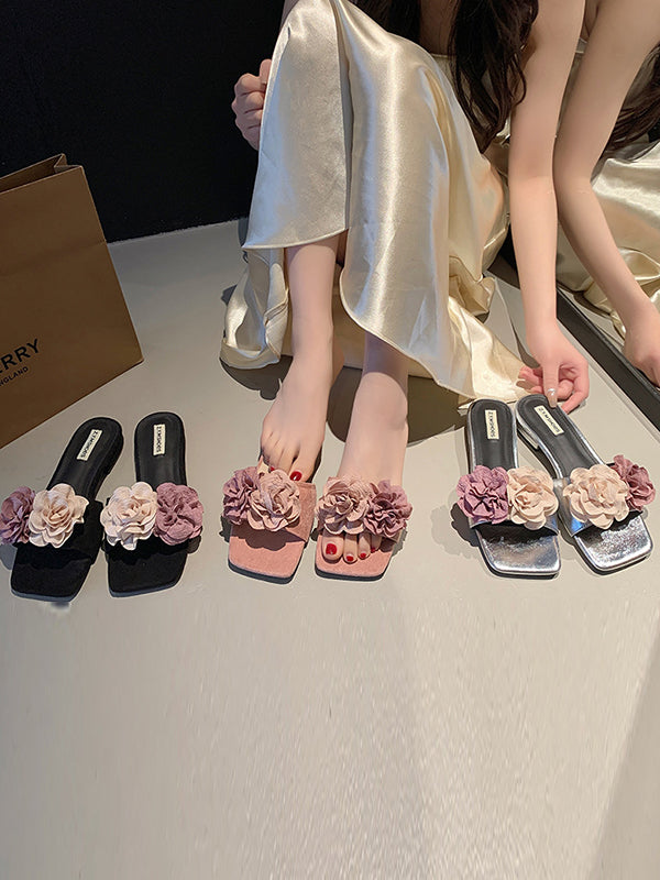 Flower Shape Open Toe Split-Joint Square-Toe Slippers&Mules