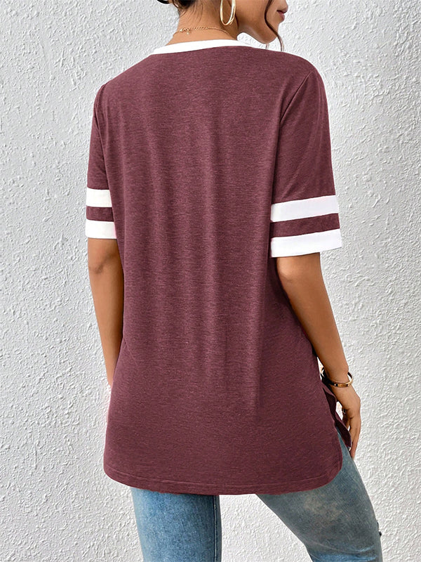 Split-Joint Split-Side Striped Loose Short Sleeves V-Neck T-Shirts Tops