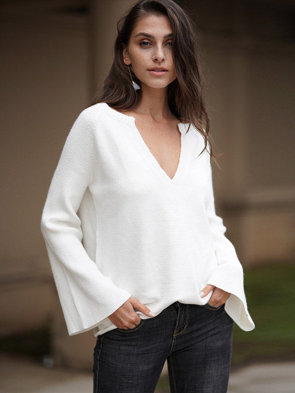 Casual Long Sleeves Loose Solid Color V-Neck Sweater Tops