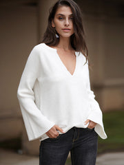 Casual Long Sleeves Loose Solid Color V-Neck Sweater Tops