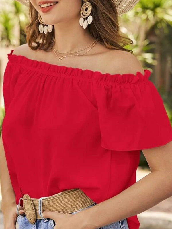 Elasticity Ruffle Trim Solid Color Loose Short Sleeves Off-The-Shoulder Blouses&Shirts Tops