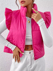 Pleated Solid Color Split-Joint Flared Sleeves High Neck Padded Vest