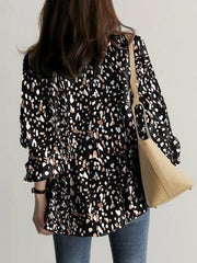 Drawstring Elasticity Leopard Tied Long Sleeves Loose V-neck Blouses&shirts Tops