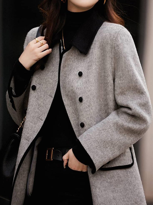 Buttoned Pockets Split-Joint Long Sleeves Loose Lapel Woolen Coat